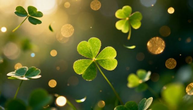 Sunlit four-leaf clover glowing with golden bokeh, closeup macro nature luck concept