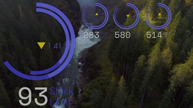 Visual representation of digital data and analytics concepts set against a captivating forest and river scene. Ideal for use in themes related to business intelligence, environmental monitoring, global financial analysis, and the intersection of technology and nature.