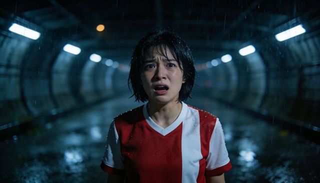 Standing soaked woman shouting, looking shocked in rainy tunnel wearing red white jersey