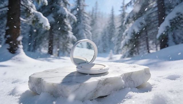 White compact powder case sitting on marble slab in snowy forest with falling snowflakes