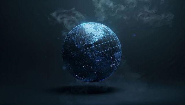 Hovering Digital Globe with Blue Gridlines and Neon Data Lights for Futuristic Technology