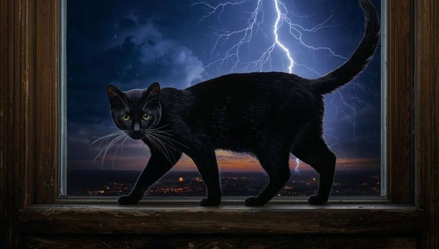 Black cat stalking home window sill with lightning striking
