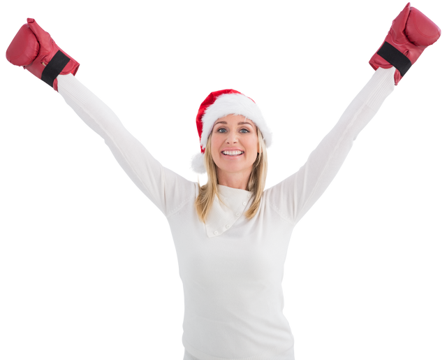 Festive Woman in Santa Hat Wearing Boxing Gloves on Transparent Background - Download Free Stock Videos Pikwizard.com