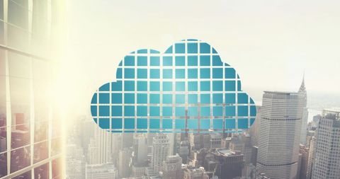 Digital Cloud Overlaying Urban Skyline Technology Background