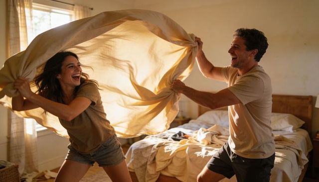 Young couple laughing and tossing bed sheet in sunlit bedroom during playful morning