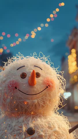 Street camera pan revealing glowing snowman sculpture decorated with string lights at dusk