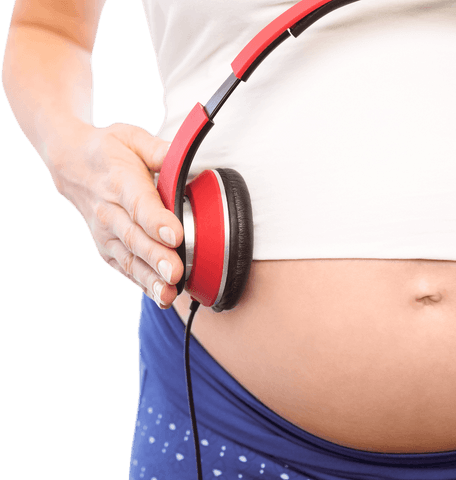 Pregnant woman holding headphones on bump for baby bonding, transparent background
