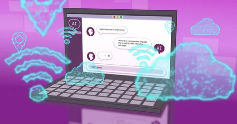 Futuristic ai chat on laptop with iconography