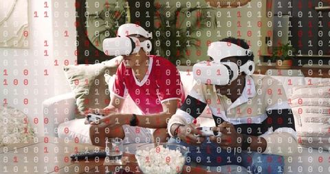 Adults playing vr multiplayer on sofa with popcorn and controllers, casual home gaming