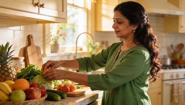 Indian home cook preparing fresh vegetables and fruit on sunlit kitchen countertop