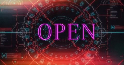 Neon pink open sign on futuristic digital interface