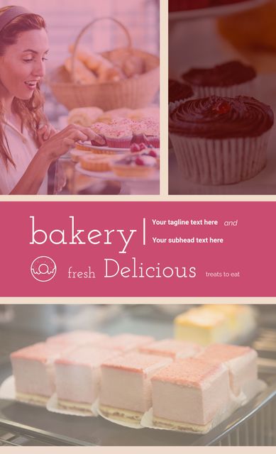 Flexible advertising template for promoting bakery products or dessert menus featuring an enthusiastic woman selecting pastries and multiple images of sweets. Useful for bakeries, pastry shops, and culinary content creators.