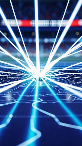 Converging Glowing Lines Bursting into Blue-White Beams on Arena Grid Vertical Video