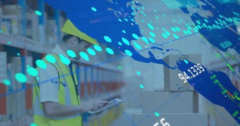 Warehouse worker checking tablet with logistics data overlay and smart inventory analytics
