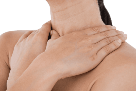 Transparent Woman Touching Throat Describing Pain or Discomfort