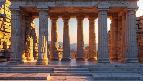 Ancient greek temple ruins with standing columns at sunset