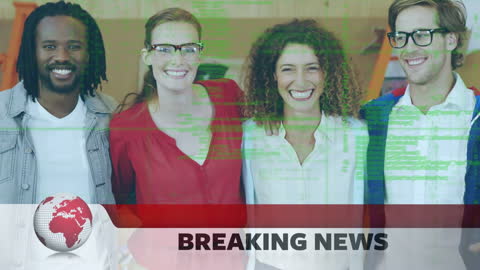 Diverse Team Smiling in Modern Workspace for Global News