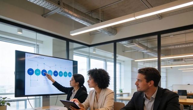 Team presenting timeline on large screen in modern glass boardroom pointing and collaborating