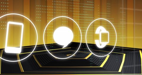 Futuristic Digital Interface with Communication Icons on Hexagonal Podium