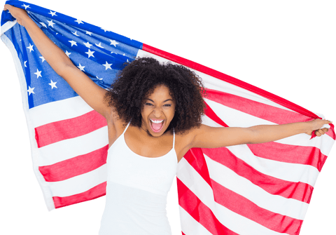 Cheerful Young Woman Celebrating with Transparent American Flag