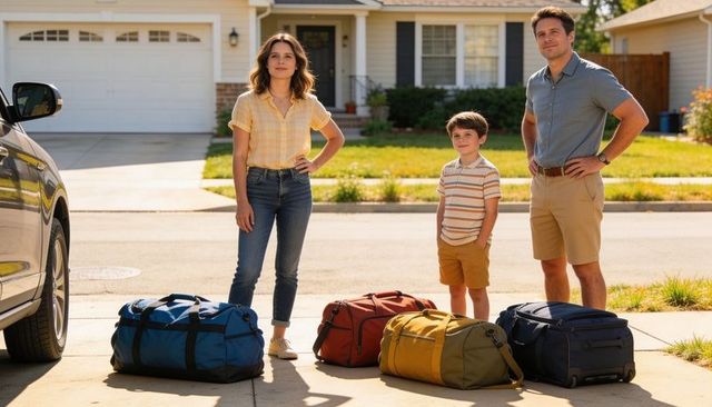 Family preparing for summer road trip on suburban driveway with colorful duffel bags