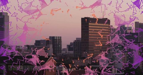 Sunset-catching office tower framed by magenta geometric network over urban skyline