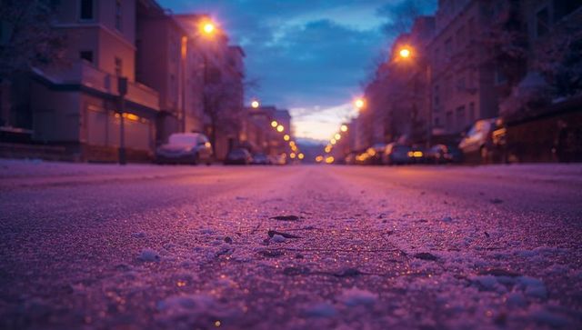 Enchanting Frosty Urban Street at Dusk with Glowing Streetlights