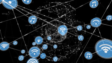 Digital Network Connectivity and Music Streaming Icons Collage