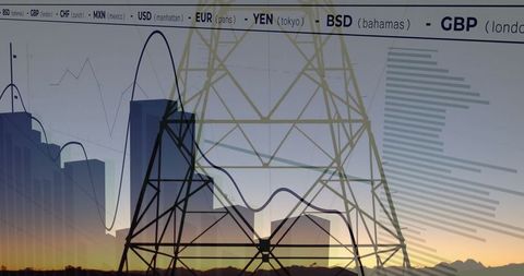 Electricity Tower Against Sunset with Financial Graph Overlay