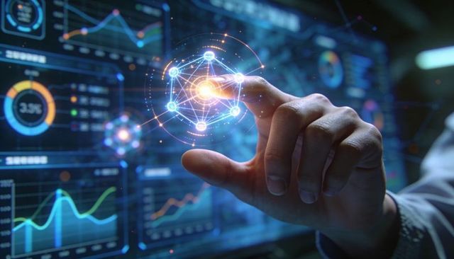 Hand touching holographic network node over analytics dashboard activating ai interface