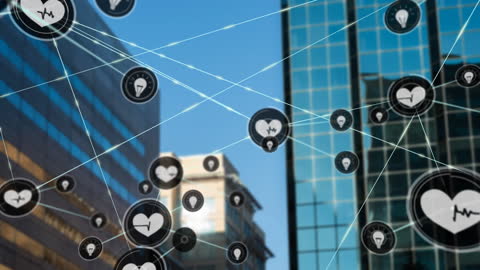 Global Network Icons Overlay on Skyscrapers