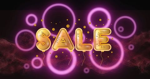 Golden Sale Balloons with Neon Circles and Digital Waves