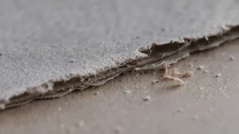 Camera shifting focus revealing frayed torn paper edge with curled fibers and dust macro