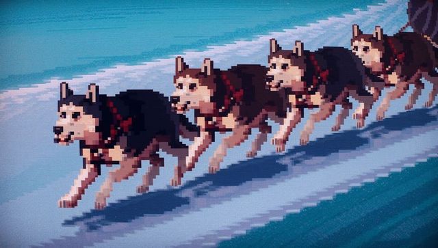 Retro pixel husky team charging across snow trail, 8-bit sled dogs in motion, game sprite pack