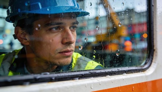 Gazing crane operator wearing blue hard hat and hi-vis jacket through rainy cab window