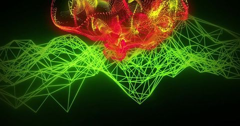 Neon mesh terrain beneath red particle cloud, futuristic holographic data visualization
