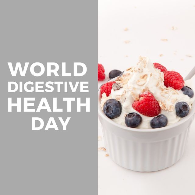 Digital composite image of world digestive health day text by berry fruits and yogurt in bowl. healthy eating and food concept.
