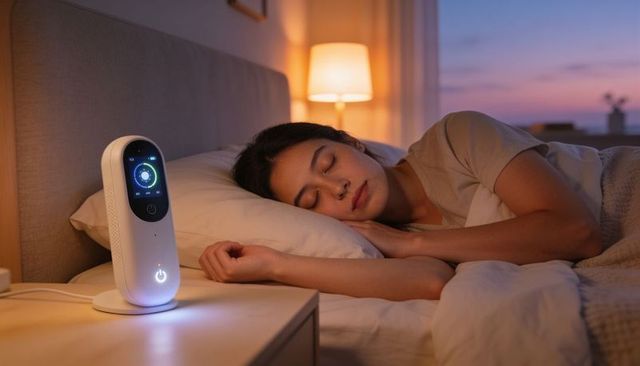 Adult woman sleeping beside smart sleep monitor on nightstand at dusk for home wellness