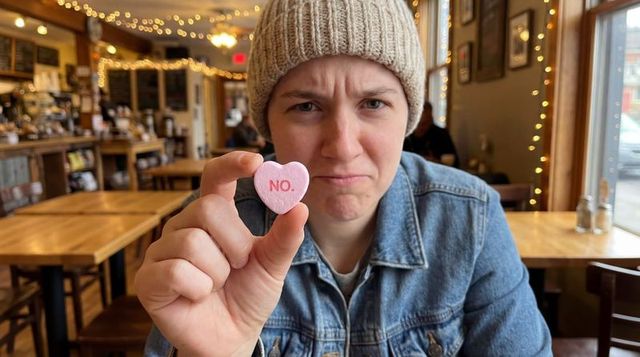 Woman holding no. Conversation heart in coffeehouse, knit beanie and denim jacket