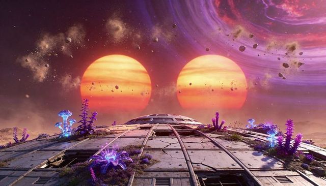 Cracked alien hull sprouting bioluminescent flora under twin suns and asteroid debris