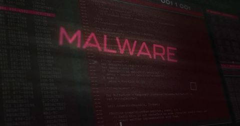 Magenta malware hud over code traces, cybersecurity threat concept with neon glitch