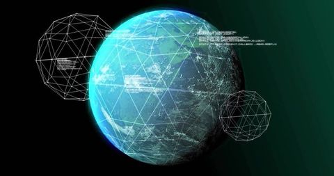 Futuristic Holographic Globe with Triangular Mesh, Wireframe Spheres and Neon Code Overlay