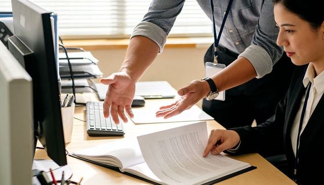 Reviewing business documents at desk with colleague, woman reading binder and discussing