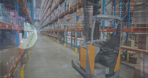Warehouse Forklift with Digital Analytics Overlay Shows Modern Logistics