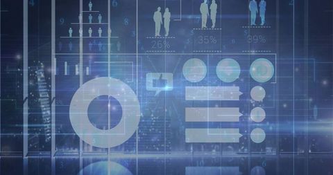 Futuristic HUD Dashboard Displaying Digital Infographics Over Night City Skyline