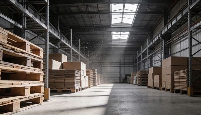 Sunlit warehouse aisle with stacked pallets and cardboard boxes, racking and skylights