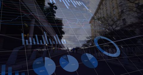 Digital composite of business graphs over city street scene