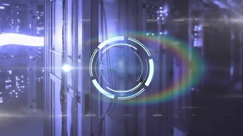 Futuristic Data Center HUD Scanning Rack Corridor with Neon Lens Flare and Holographic Interface