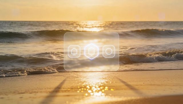 Holographic interface overlay on golden hour beach sunset with floating icons and waves