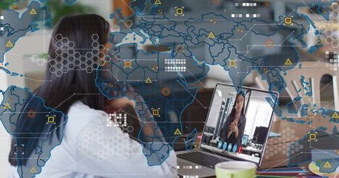 Virtual meeting with global data overlay, woman collaborating on laptop for remote teamwork